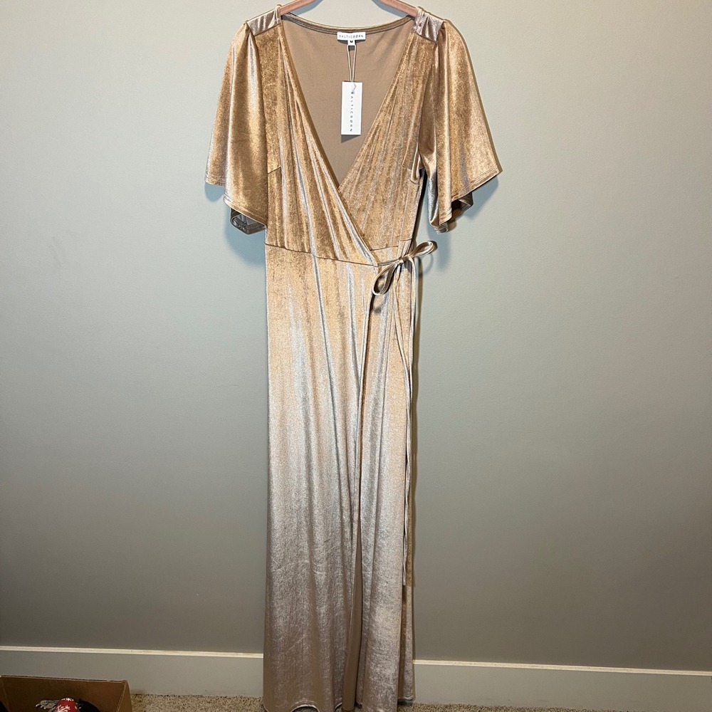 Baltic Born Meghan Velvet Wrap Maxi Dress Champagne Gold Flutter Sleeve M NWT